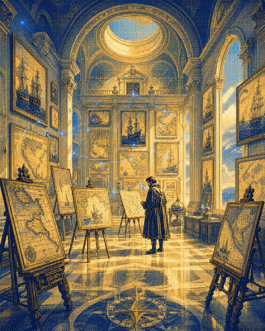 Engraved scene — the launch directory