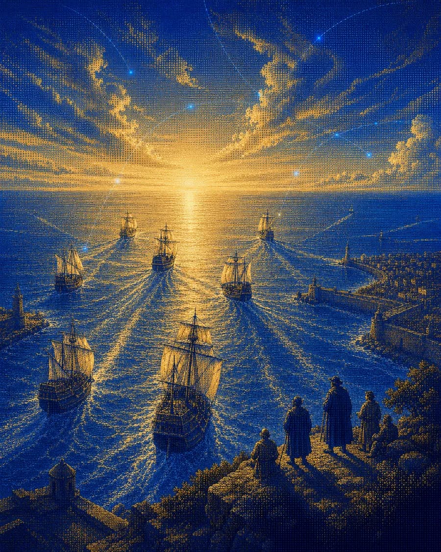 Engraved scene — a fleet sails into the world