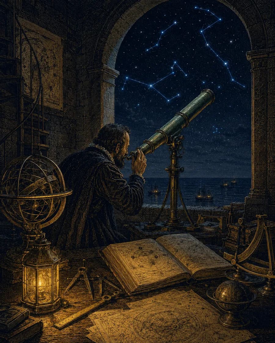 Engraved scene — Galileo at his measurements