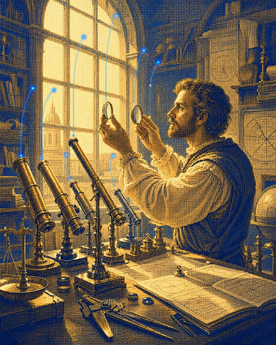 Engraved scene — comparing the instruments