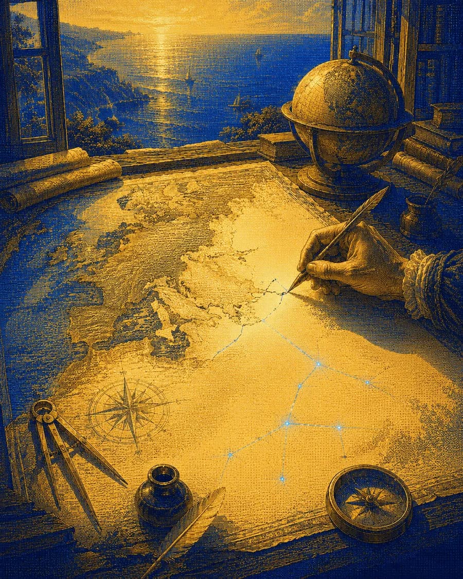 Engraved scene — more underway